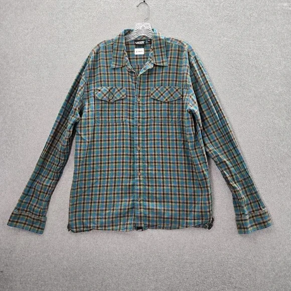 Vans Men‎ Button Up Shirt XL Green Blue Tan Black Plaid Western Work
