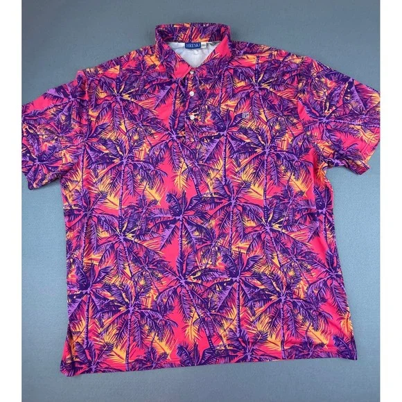 Hreski‎ Polo Shirt Mens XXL Pink Purple Palm Tree Tropical Performance Golf Top