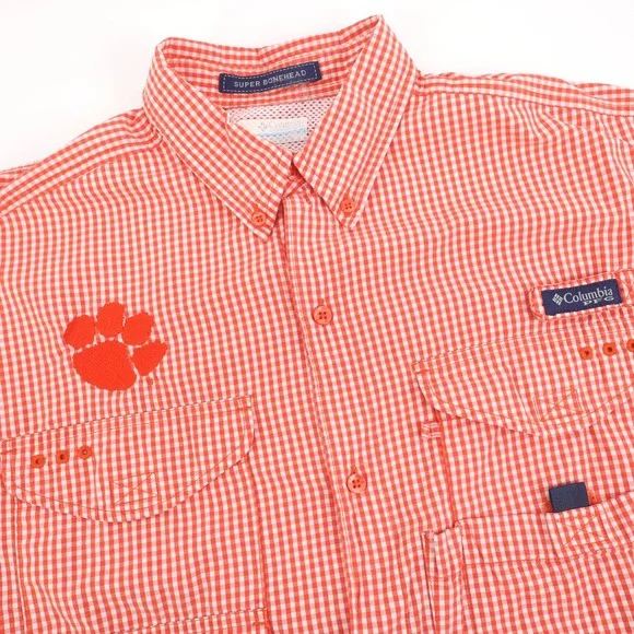 Clemson Tigers‎ Columbia Super Bonehead Gingham Long Sleeve Shirt Orange Mens M