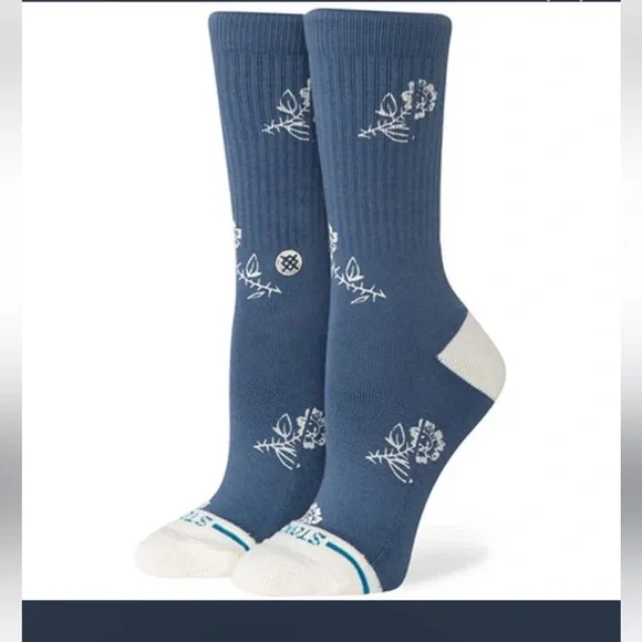 Stance Women's Petite Bloom Blue and White Floral Cotton Crew Socks Size M