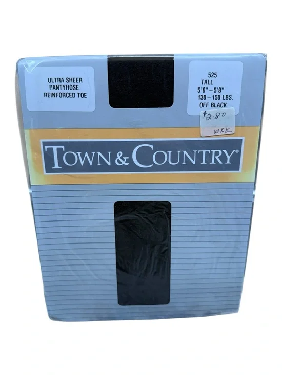 Vintage Town & Country Ultra Sheer Pantyhose 100% Nylon Tall Off Black Reinf Toe