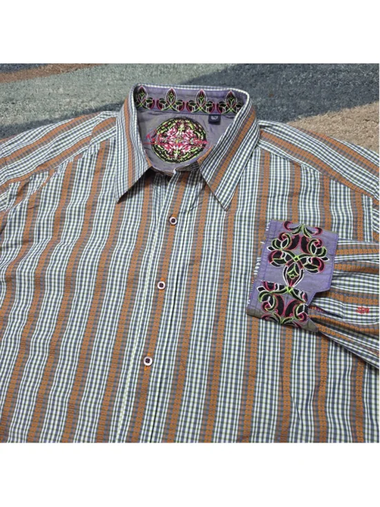 Robert Graham Style Mens XL Flip Cuff Shirt Embroidered Check Button Down