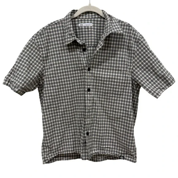 Zara Mens Grey White Plaid Short Sleeve Button Down Shirt Large 4425/056/802