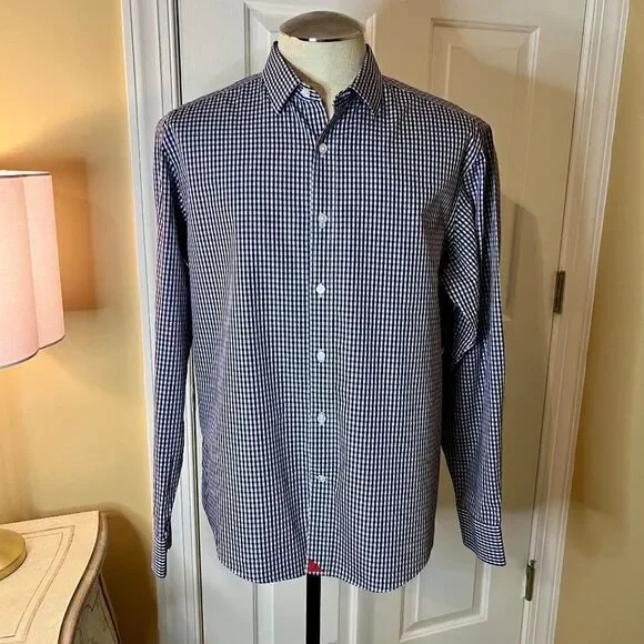 EUC Men's UNTUCKit Blue Plaid Check Pio Cesare Button Front Shirt Size LARGE