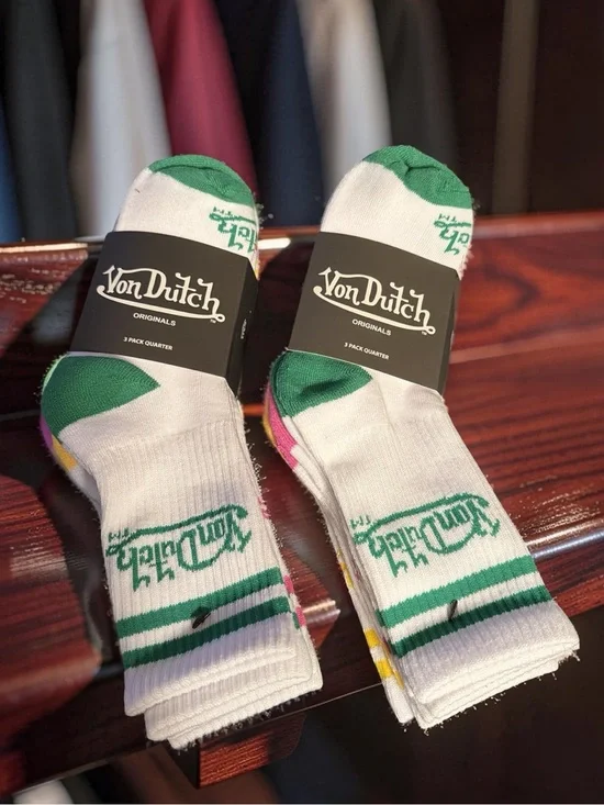 Von Dutch NWT White Crew Socks with Green, Yellow & Pink Logo and Stripes