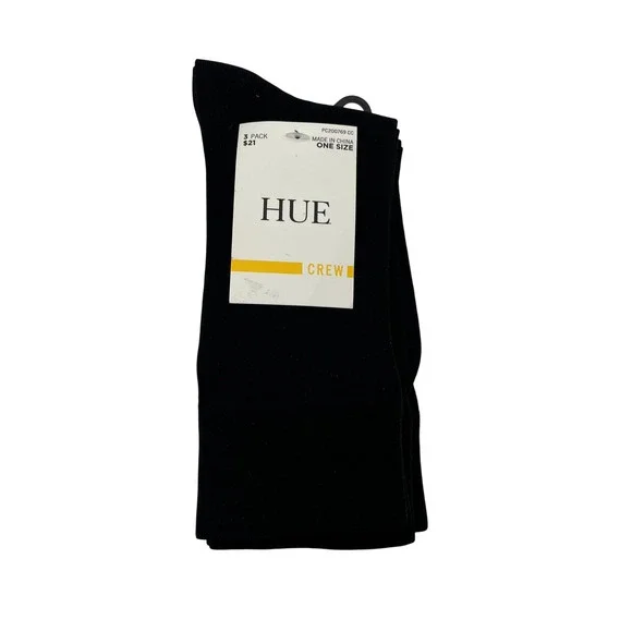 HUE Crew Socks Womens One Size Black 3 Pack PC200769 CC Solid Basic Ribbed New