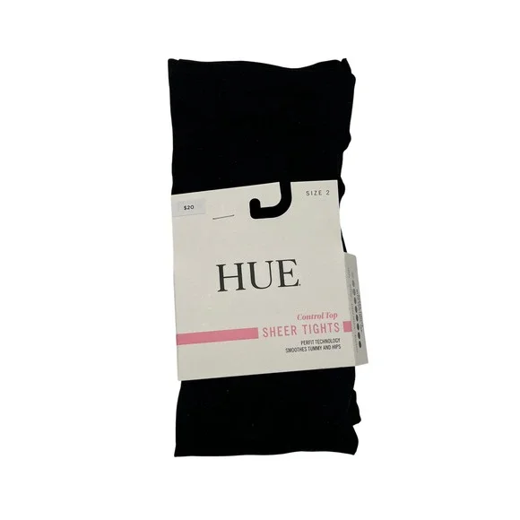 HUE Sheer Tights Women Size 2 Black Control Top Perfit Technology 9001 Nylon