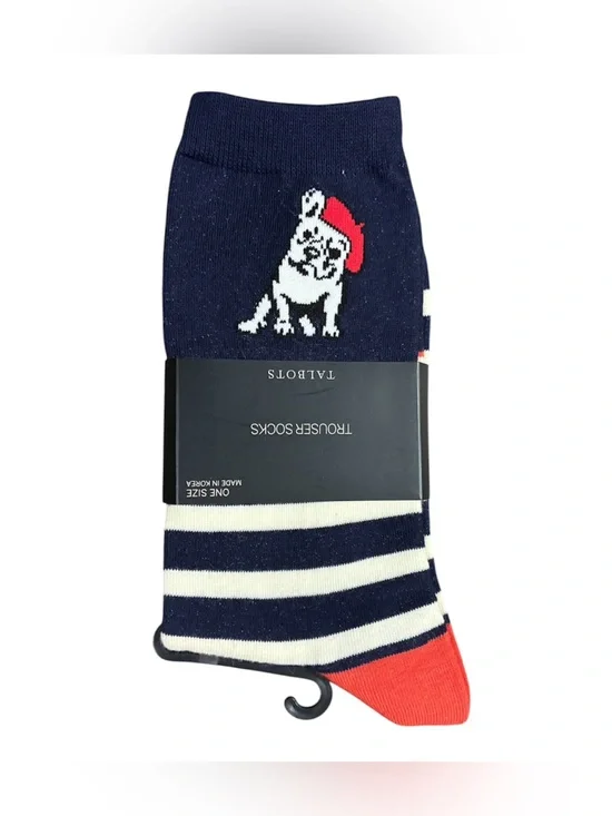 Talbots Frenchie Trouser Socks Navy/red Striped French Bull Dog OS NEW