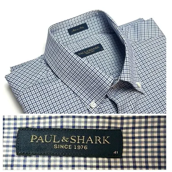 Paul & Shark Casual Shirt Button Down Cotton Blue Plaid Italy size L neck 16,5