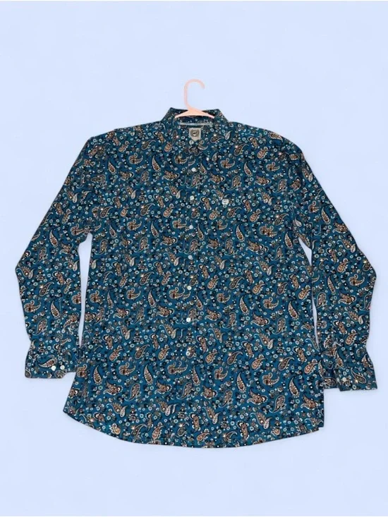 Men's Teal Paisley Long-Sleeve Shirt