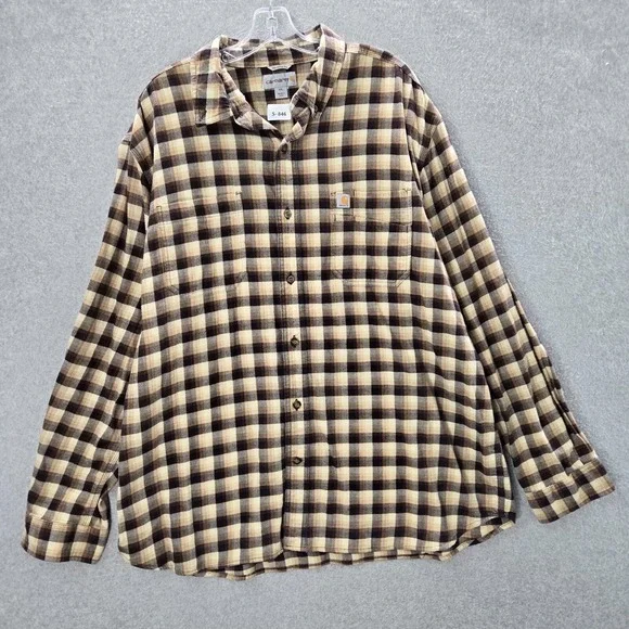 Carhartt Men Button Up Shirt 2XL Beige Plaid Flannel Relaxed‎ Fit Rugged Flex