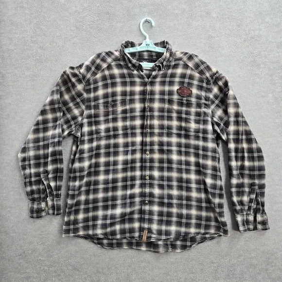 Harley-Davidson Men Button Up Shirt XL Black Plaid Flannel Wings Logo Western‎