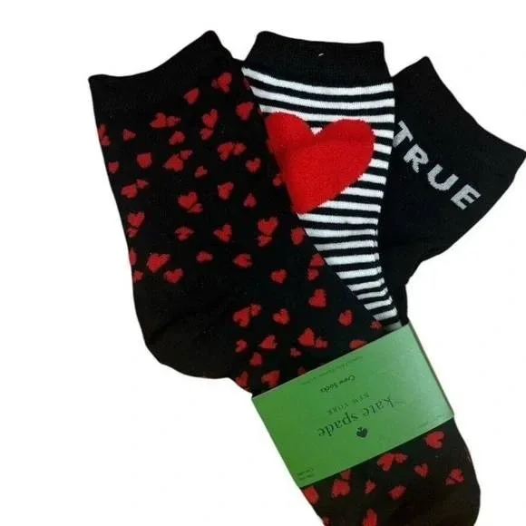 Kate Spade‎ New York Women's Crew Socks 3 Pairs Black Red Heart Checkerboard #HH