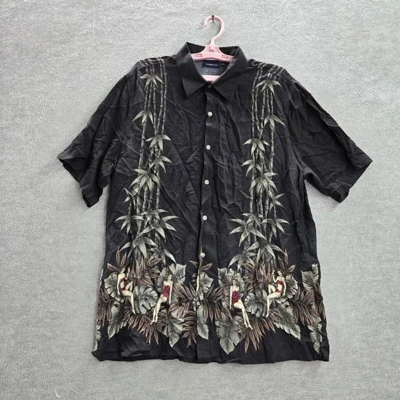 Croft & Barrow Men Button Up Shirt Large‎ Black Floral Hula Girl Hawaiian Collar