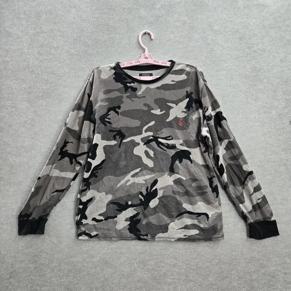 Polo Ralph Lauren Men‎ Sleepwear L Gray Logo Camouflage Pajama Shirt Pullover
