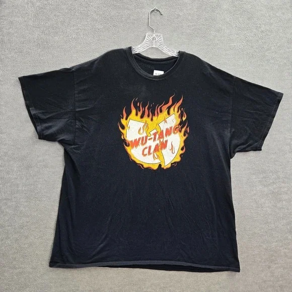 Wu Tang Men Shirt XXL Black On‎ Fire Flame Logo Graphic Short Sleeve