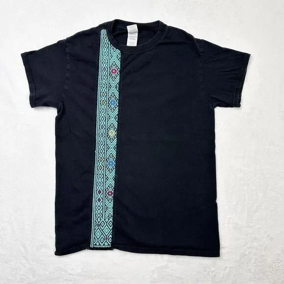 Black Embroidered Shirt Mens Small Artisanal Fiesta Black Blue‎ Woven Stripe