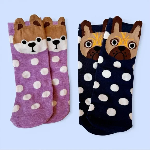 Cute Puppy Face Print Socks Set‎ Polka Dots NWOT