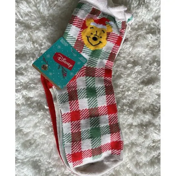 Disney Winnie The Pooh Christmas Holiday Plaid Colorful Socks 5 Pairs NEW