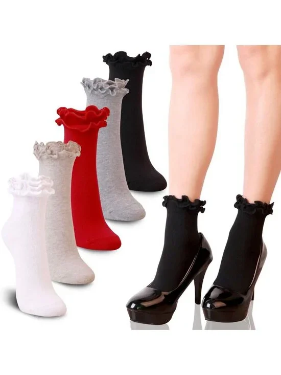 Women's Double Ruffle Frilly Ankle Crew Socks with Lace Trim - 3/5 Pack