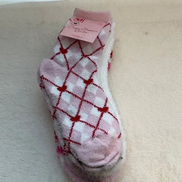 Capelli of New York Pink and Red Argyle Slipper Socks