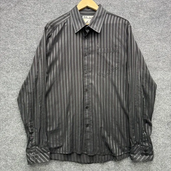 Volcom Slightly Removed Button Shirt Mens XL Black Gray Long Sleeve Casual‎