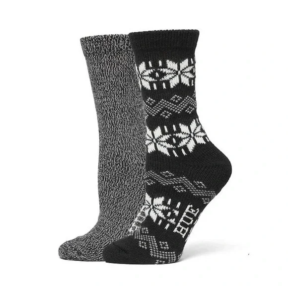 Hue Womens 2-Pack Heavy Weight Boot Socks Black Fair Isle Marled Grey‎ New