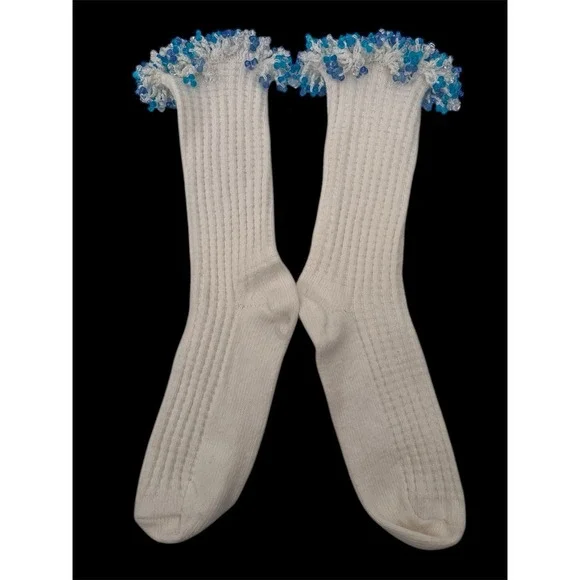 NWOT White Blue‎ Beaded Socks.