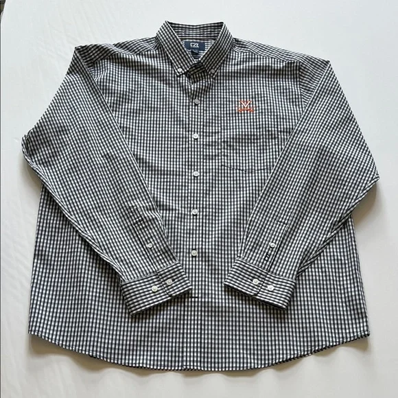 Cutter & Buck Men UVA Virginia Checker Lg Slv Button Shirt Black White Orange XL