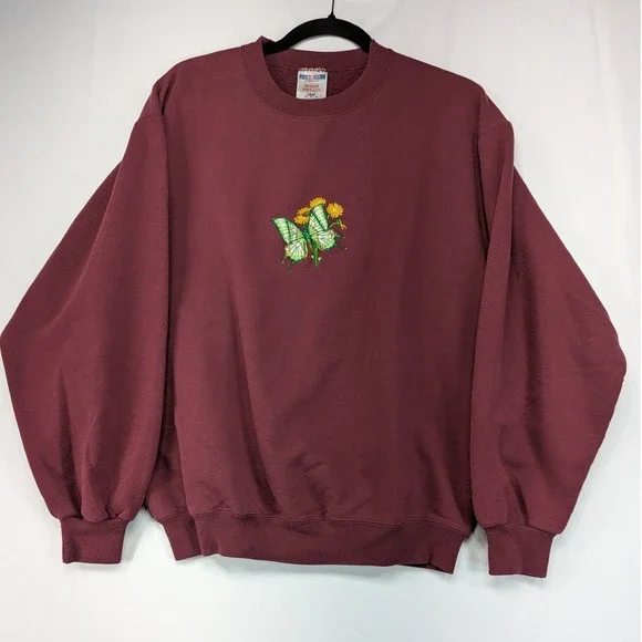 Jerzees Super Sweats Burgundy Embroidered Butterfly Crewneck Sweatshirt‎ Mens M