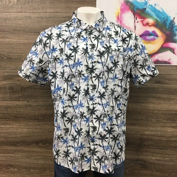 Carbon2Cobalt Palm Tree Print Button Up Short Sleeve‎ Shirt XXL Cotton