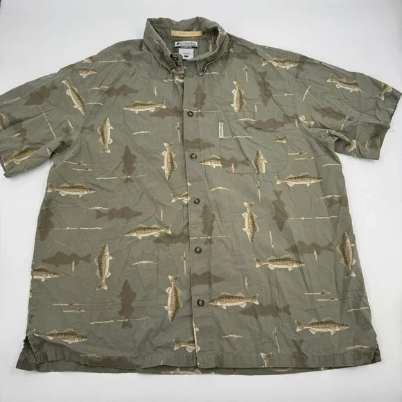 Columbia River Lodge Shirt Mens L Olive Green Fishing Walleye Lure Print Cotton‎