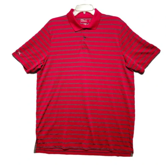 Ralph Lauren RLX Polo Shirt Mens Large Red Blue Striped Golf Performance Stretch