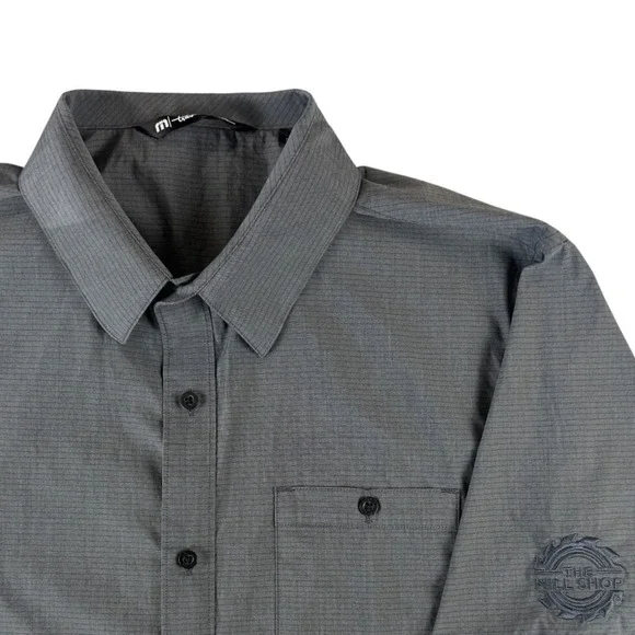 TravisMathew Button Up Shirt Men's Large Gray Short Sleeve Golf Mill‎ Shop Logo