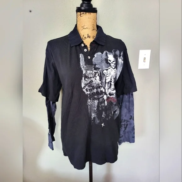 Hurley Men's Black Graphic Polo Shirt with graphic sleeves