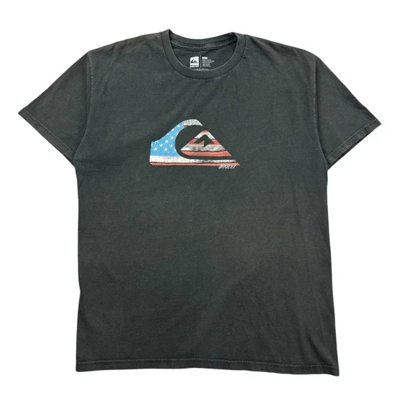Quiksilver T‎ Shirt Men Large Black USA Flag Logo Surfer Y2K Sun Faded