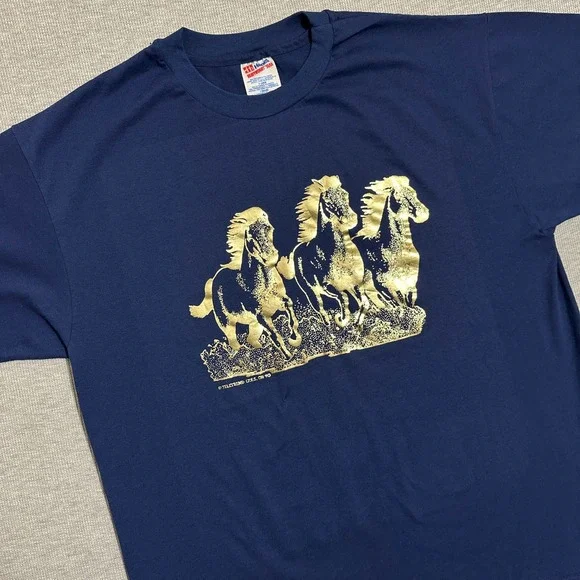 Vintage‎ 1990 Hanes Heavyweight 50/50 Horse Graphic T-Shirt Navy Gold Size XL