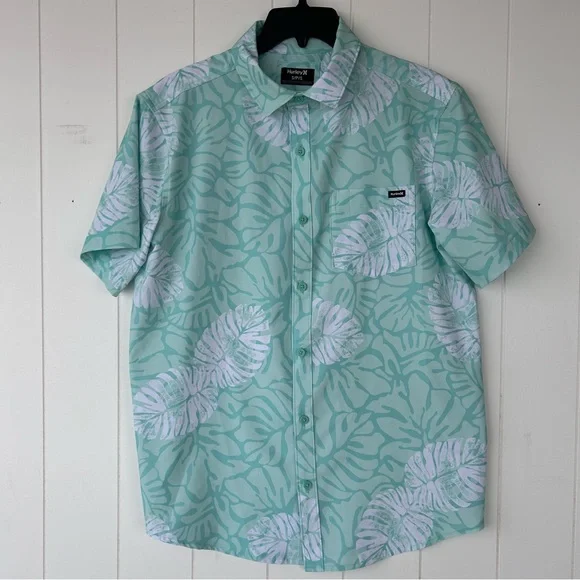 Hurley Men’s One and Only Lido Stretch Shirt Palm Leaf Design Mint Green Sz‎ S