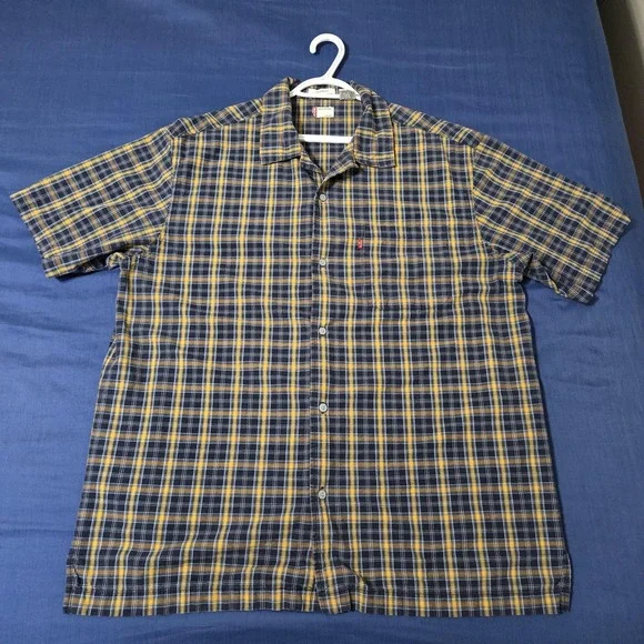 Levi's Shirt Mens Large Blue Yellow Plaid 100% Cotton Relaxed Fit Short Sleeve‎