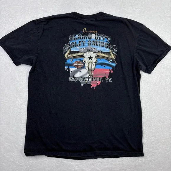 Harley Davidson Black Shirt XL‎ Alamo City San Antonio Cow Skull Flames 2 Sided