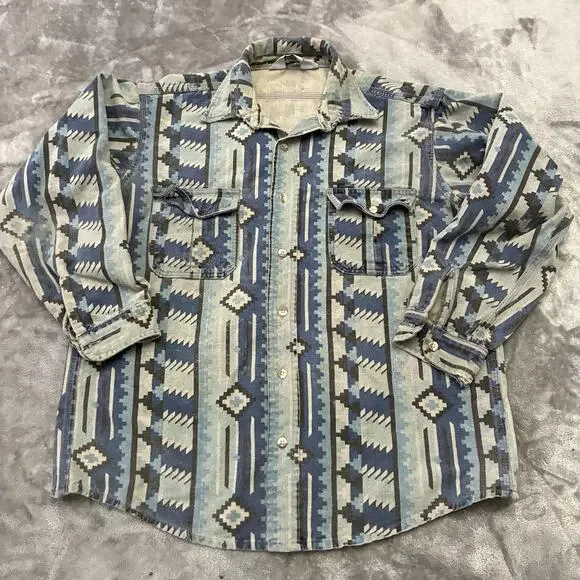 Vintage‎ The Sportsmans Guide Shirt Mens Medium M Blue Chamois Aztec Button Up