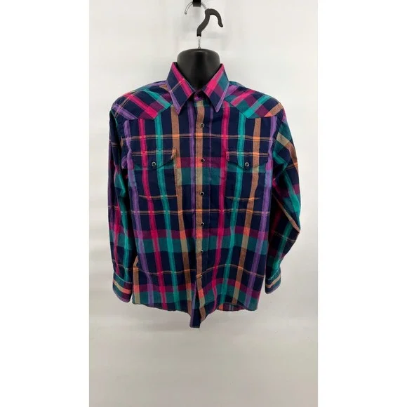 Vintage 90 Wrangler Cowboy Cut Pearl Snap Shirt Mens 16x34 L Teal Pink Plaid USA
