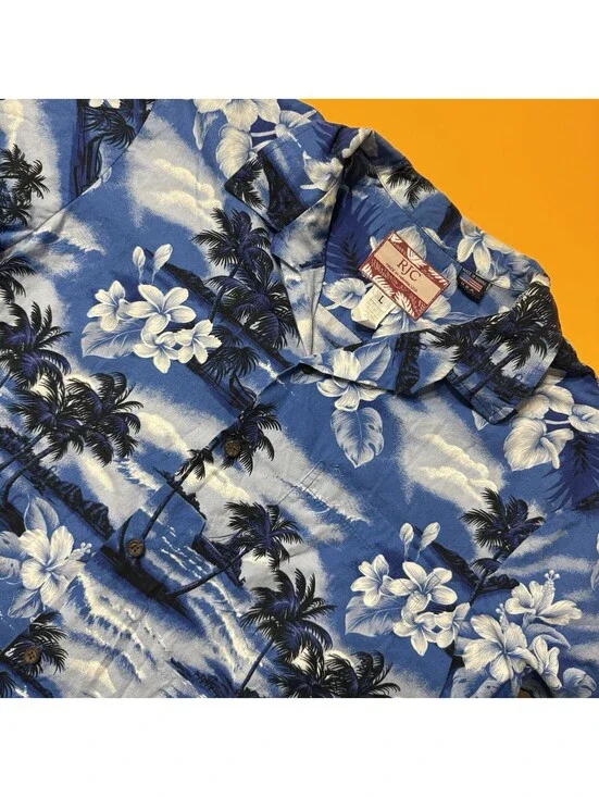 RJC Hawaiian Shirt Blue Palm Trees Floral Print Cotton USA Hawaii Made Men’s L