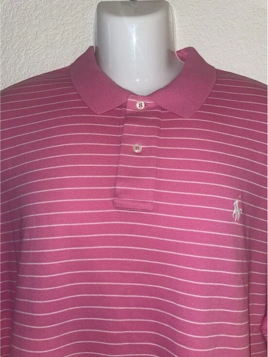 Vintage Polo Ralph Lauren Mens Size 2XL White Striped Pink White Pony Polo Shirt