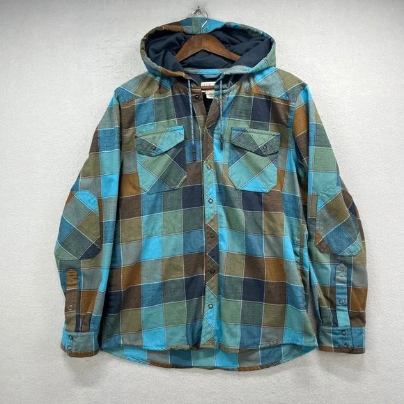 LL Bean Hooded Flannel Shirt Jacket Mens M Blue Green Plaid Snap Outdoor Shacket