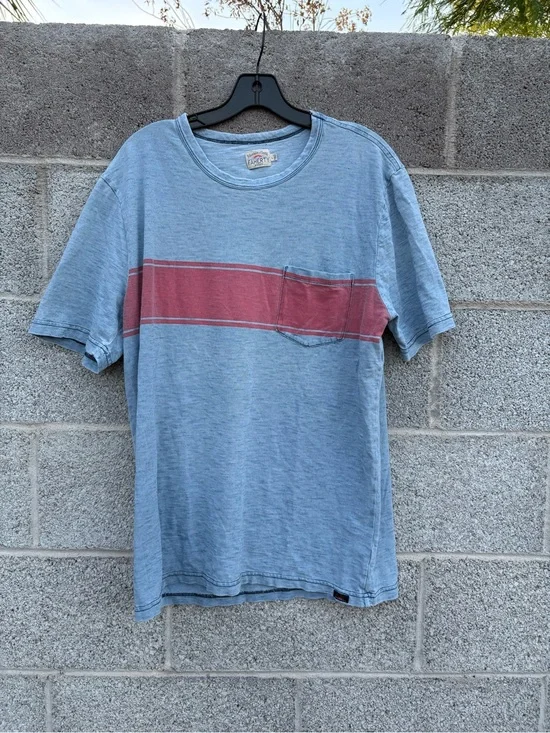 Faherty Indigo Dyed Pocket T-Shirt Mens Large Slub Light Blue Wash Red Stripe