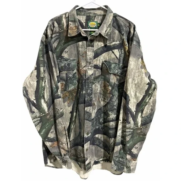Cabelas Camouflage Mossy Oak Button Up Shirt Hunting Outdoor Men's Size 2XL Tall