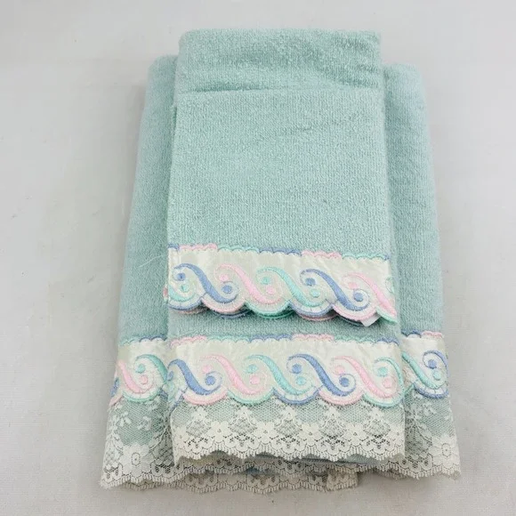 Vtg Cannon Towel Set Bath Hand Washcloth Green Pastel Scroll Scalloped Lace Trim