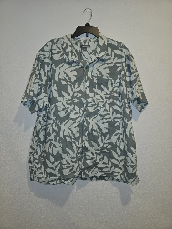 Eddie Bauer Men's Tropical Floral Button-Up Shirt Short Sleeve 2XL Pockets Green