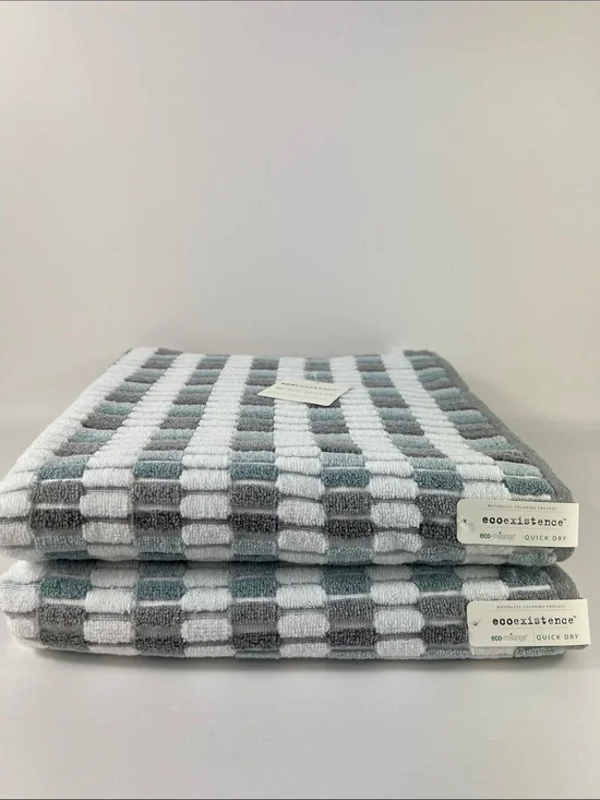 Ecoexistence Eco Melange Bath Towels Blue Gray & White Quick Dry Cotton 2 Pc NEW